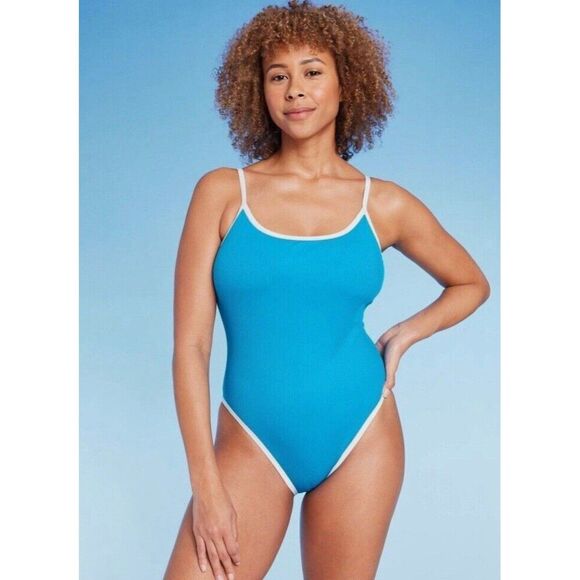 Shade & Shore Contrast Binding Scoop One Piece Swimsuit Womens XL Blue - Picture 4 of 4
